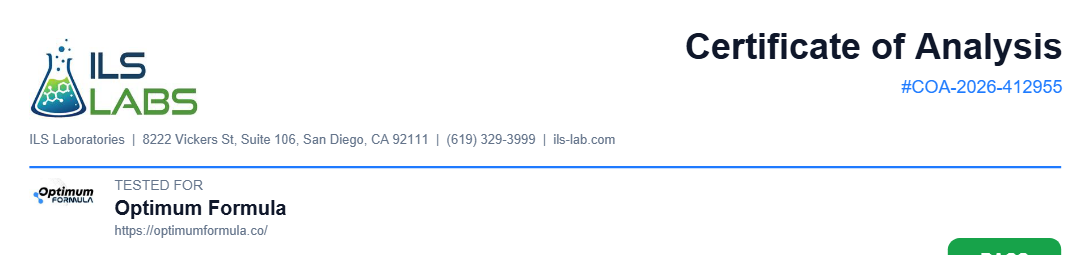 COA header showing the issuing laboratory, its address and contact details, the certificate number, and the vendor the sample was tested for.